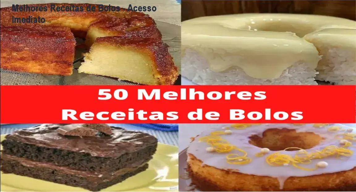 Apresentação do ebook 'Melhores Receitas de Bolos' com destaque para 50 receitas e bônus de sobremesas.