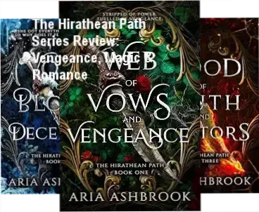 Cover art collage for The Hirathean Path 3-book romantasy series by Aria Ashbrook showing Rose and magical tournament elements.