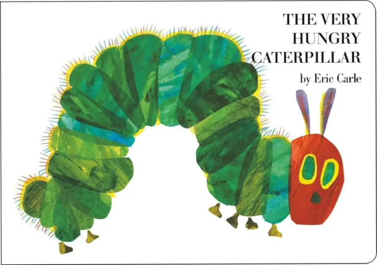 A vibrant board book cover of The Very Hungry Caterpillar featuring a caterpillar and colorful food illustrations.