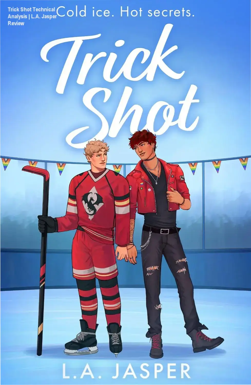 Cover art of Trick Shot featuring Nick Tiernan in hockey gear and Matt with guitar, reflecting spicy queer romance