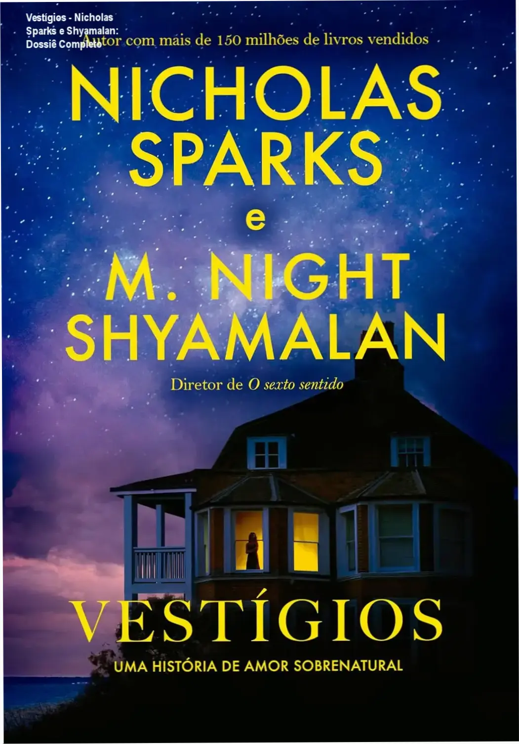 Capa do livro Vestígios de Nicholas Sparks e M. Night Shyamalan em dispositivo digital