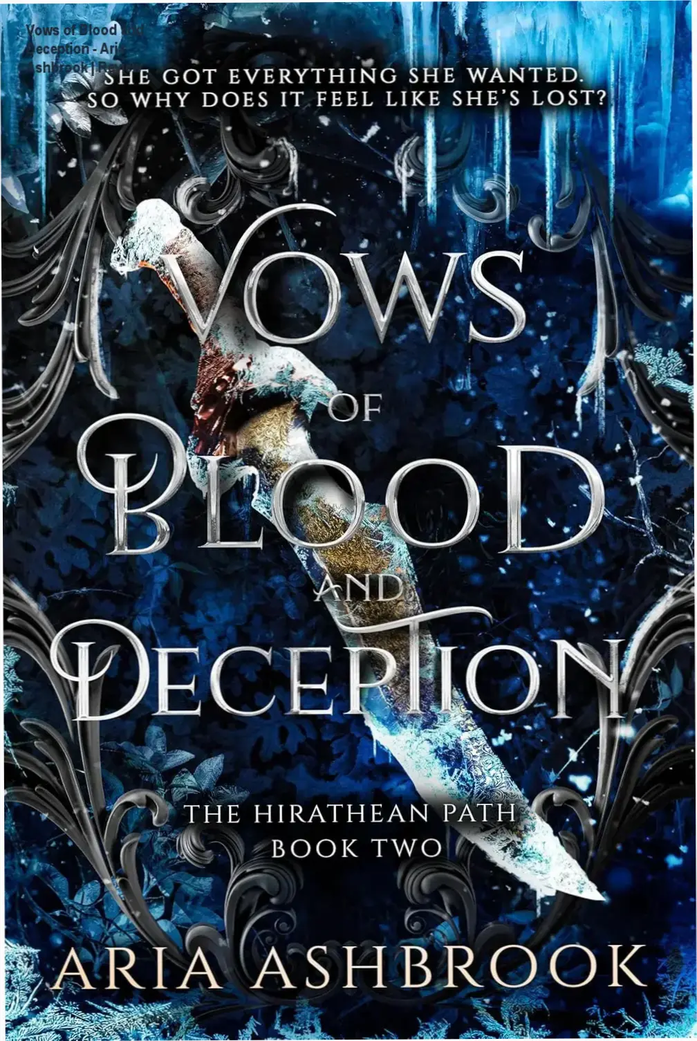 Book cover of Vows of Blood and Deception by Aria Ashbrook, a dark fantasy romance novel