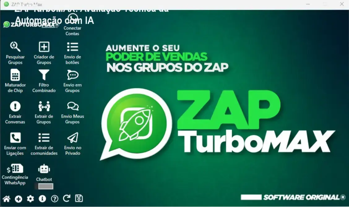 Interface do software ZAPTurboMAX demonstrando automação de mensagens e integração com inteligência artificial
