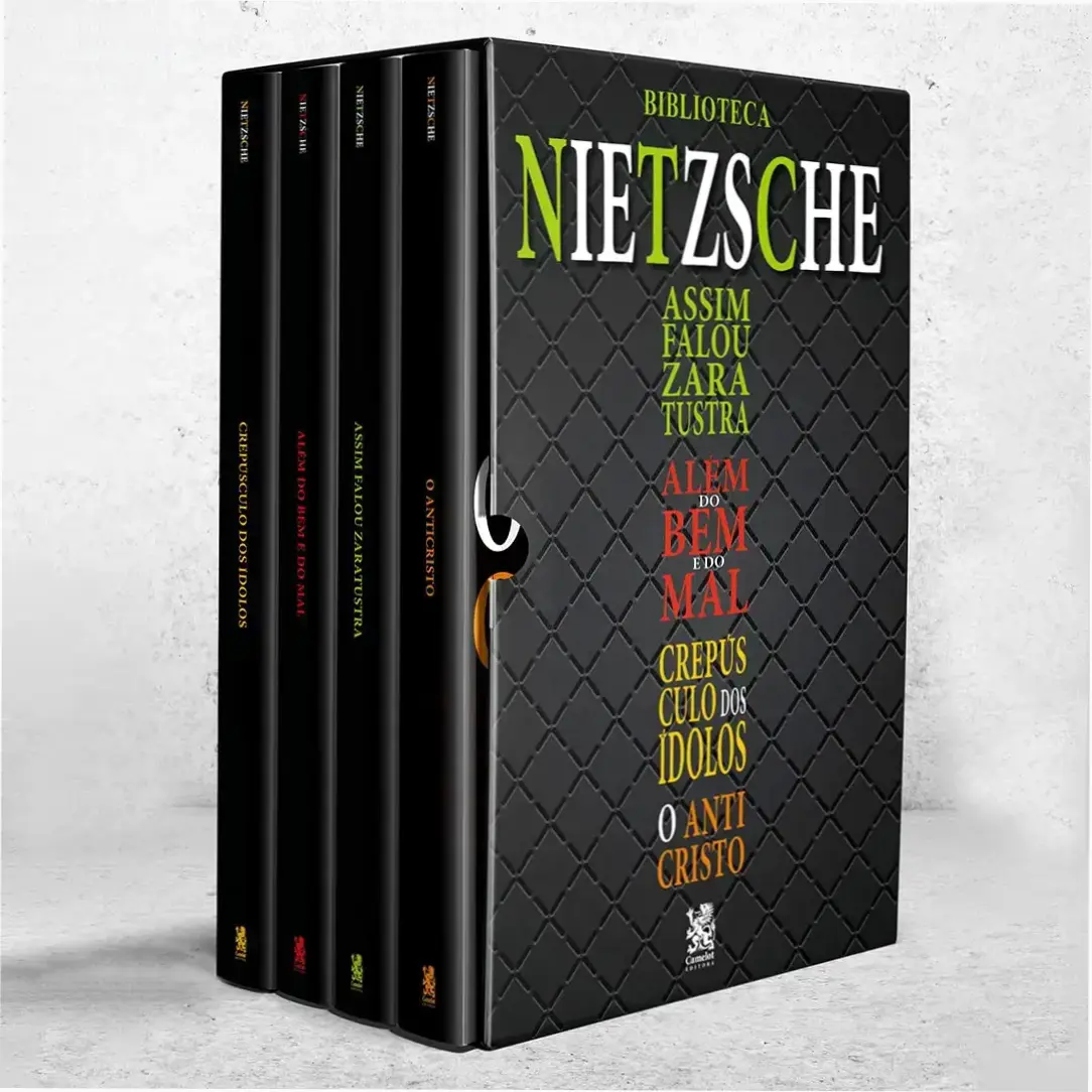 Box Biblioteca Nietzsche com quatro livros essenciais de Friedrich Nietzsche em versão digital e física