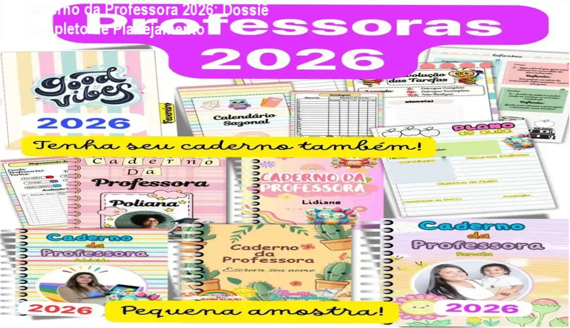Visão geral do Caderno da Professora 2026 com ferramentas de sondagem diagnóstica e planner educativo