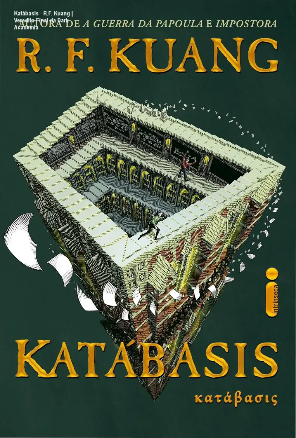 Capa do livro Katábasis de R.F. Kuang com temática de fantasia sombria e academia