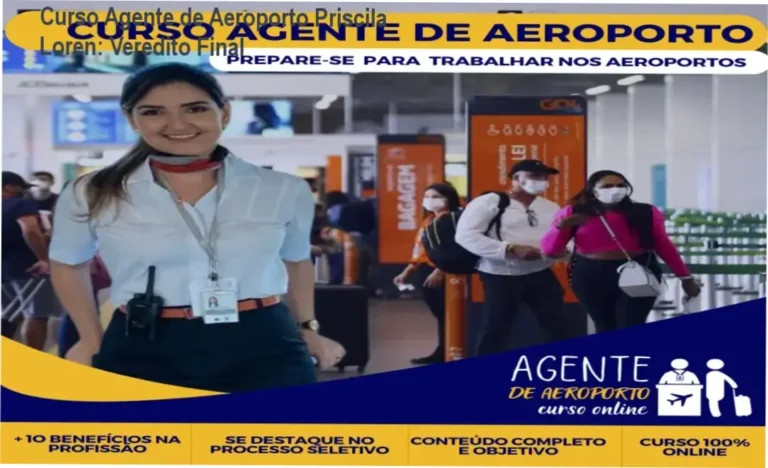Interface do curso de Agente de Aeroporto de Priscila Loren focada em capacitação profissional