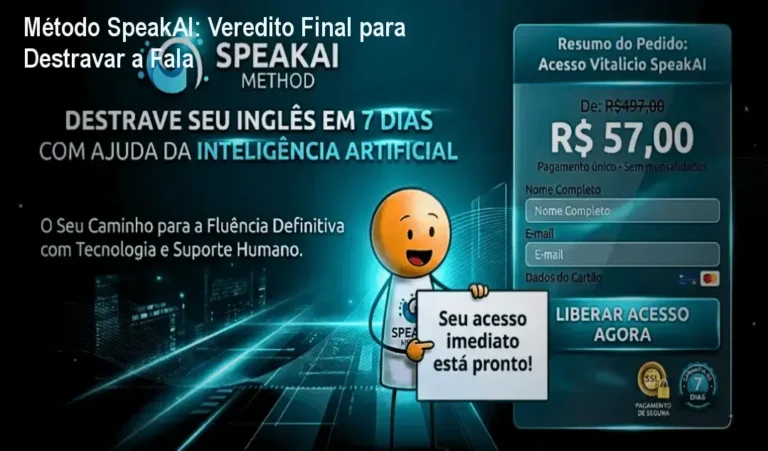 Interface do curso Método SpeakAI com foco em pronúncia simplificada e conversação para iniciantes